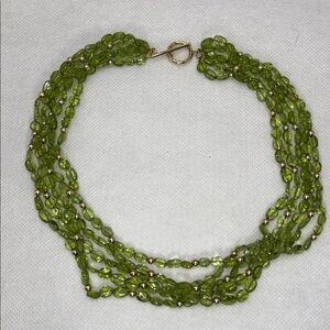 Vintage Genuine Peridot Gemstone 14K Bead 5 Row Toggle Closure Necklace